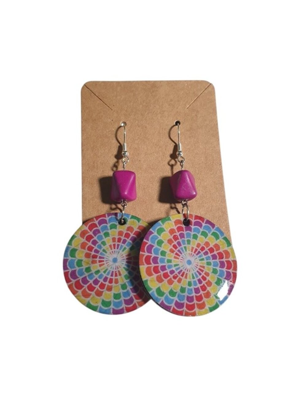 Rainbow Mandala Dangle Earrings Boho Colorful Round Polka Dot Back Purple Lightw - Picture 1 of 6